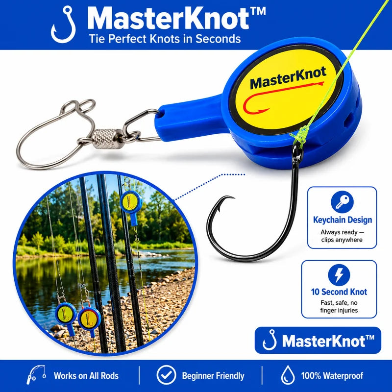MasterKnot fishing knot-tying device with keychain design, shown with a lake and fishing rod background.