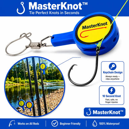 MasterKnot fishing knot-tying device with keychain design, shown with a lake and fishing rod background.