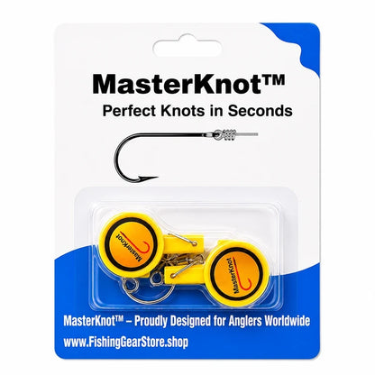 MasterKnot fishing knotting tool packaging with a blue and white background