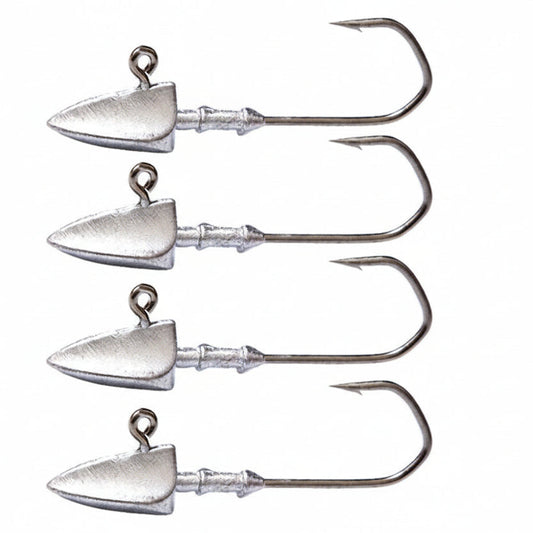 Set of five silver fishing hooks on a white background