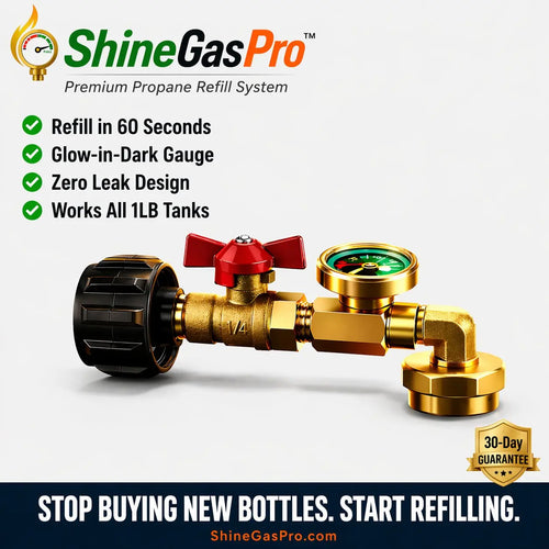 ShineGasPro propane refill system with features listed on a white background