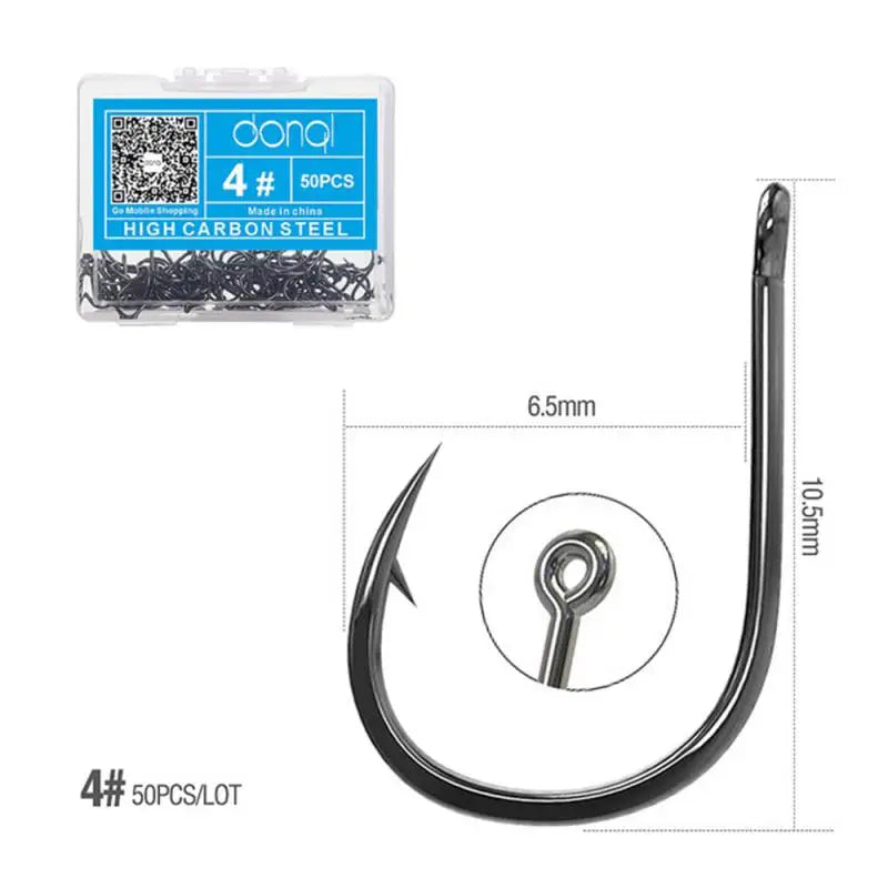 Fishing hook with packaging and measurements on a white background