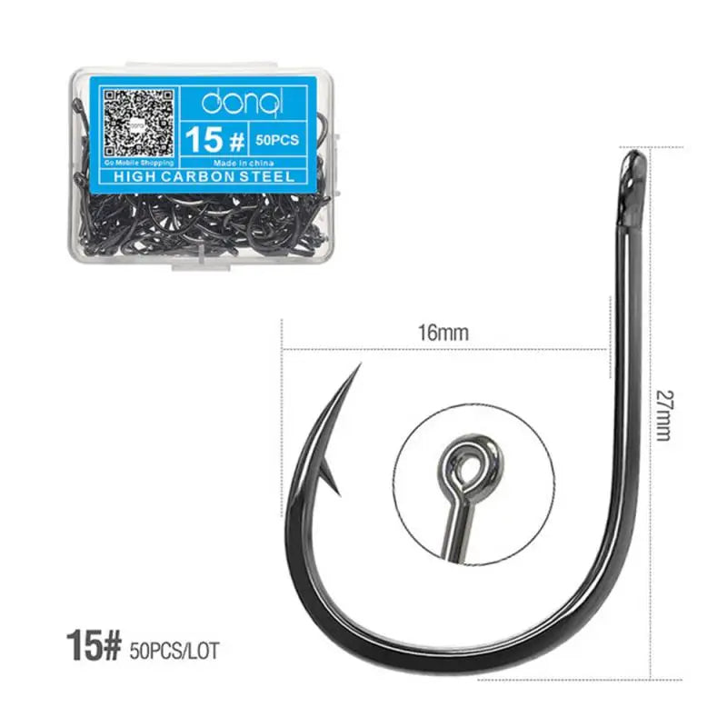 Packaged fishing hooks with size and quantity details on a white background